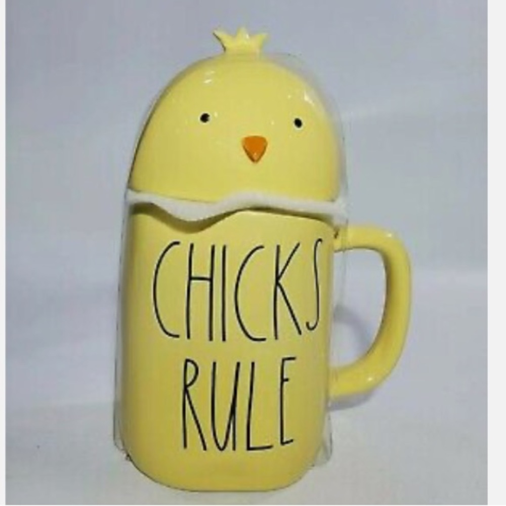 Rae Dunn "CHICKS RULE" Yellow Mug With Chick Topper Easter Spring Brand New